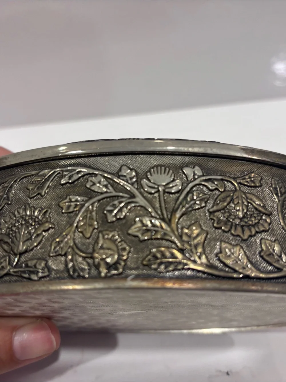 Decorative Floral Etched Trinket Box - Black/silver- vintage hinged velvet lined